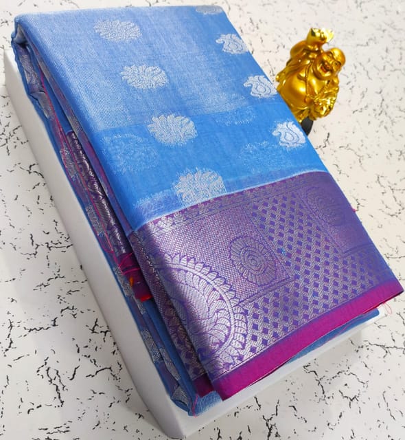 Uppada Tissue Saree - Powder Blue with Pink Aanchal