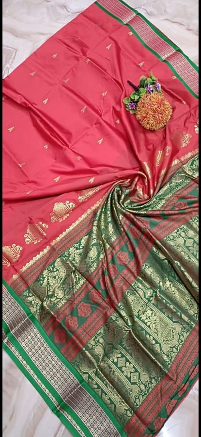Bomkai Silk saree with Zari work, Tomato Red with Green Aanchal