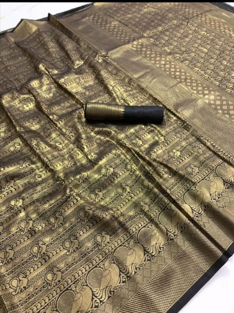 Banarasi Handloom Silk Brocade with Rich zari work- Black and Gold