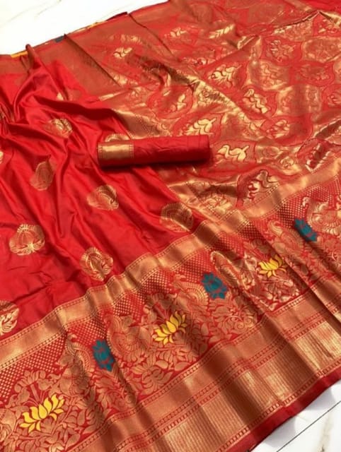 Banarasi Handloom Zari Weaved saree with peacock and lotus motifs