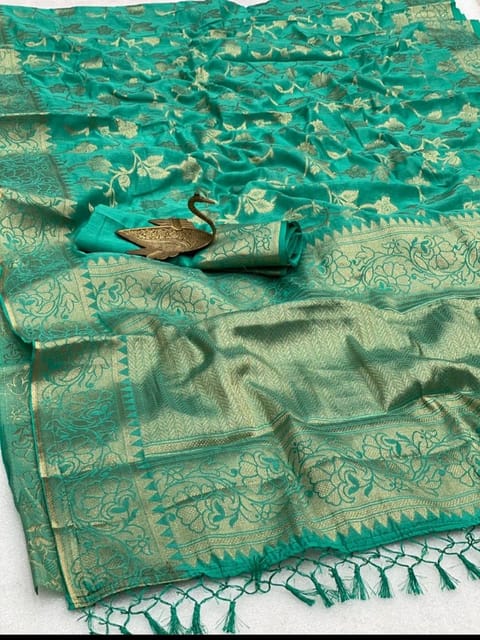 Bishnupuri Bengal Silk with all over zari jaal -heavy aanchal and border/Sea Green