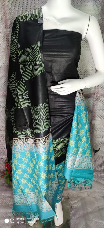 Pure Katan Silk Unstitched Salwar Suit fabric with Silk Mark ;Black and Blue