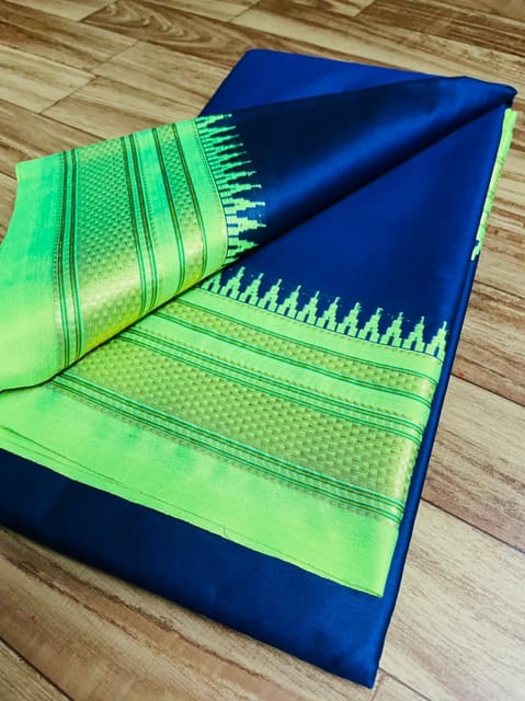 Irkal Paithani Pure Cotton Silk Saree - Navy Blue and Fluorescent Green Border