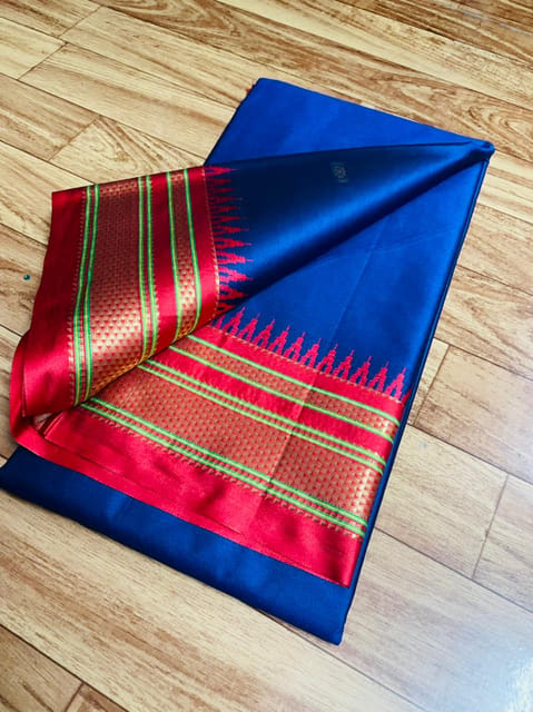 Irkal Paithani Pure Cotton Silk Saree - Navy blue with Red Border and Aanchal