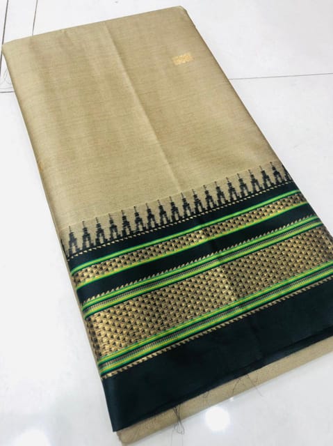 Irkal Paithani Pure Cotton Silk Saree - Fawn with Black Border and Aanchal