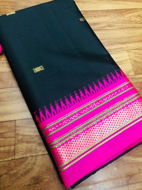 Irkal Paithani Pure Cotton Silk Saree  - Black with Pink Border and Aanchal