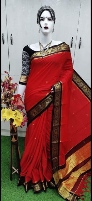 Maharashtrian Soft Silk With Zari Border and Butis -Red and Black