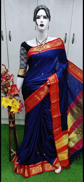 Maharashtrian Soft Silk Saree with Zari Weaved Border and Butis- Navy Blue and Red
