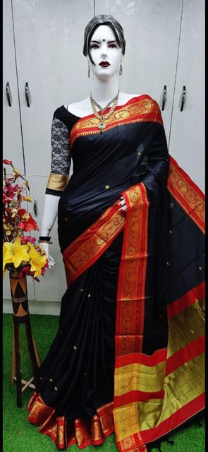 Maharashtrian Soft Silk Saree with Zari Weaved Border and Butis - Black and Red