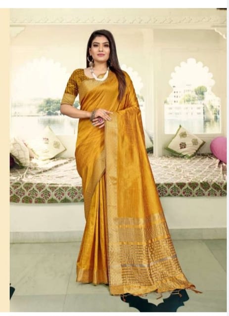 Soft Silk  Mustard Yellow and Gold Saree with Zari Work