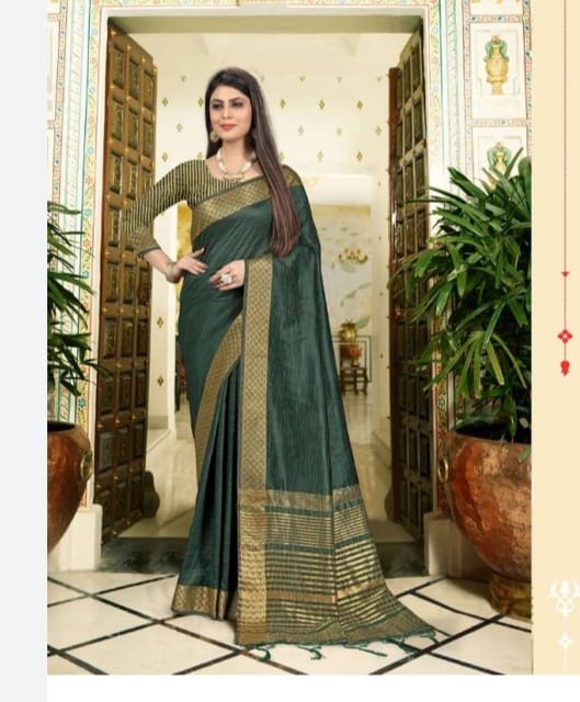 Soft Silk Forest Green and Gold Saree with Zari Border