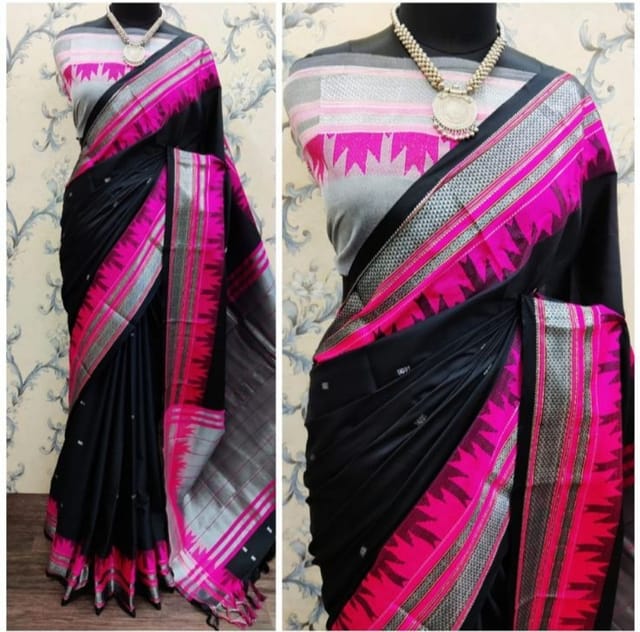 Cotton Silk Saree with Temple Paithani Border - Black with Rani Pink