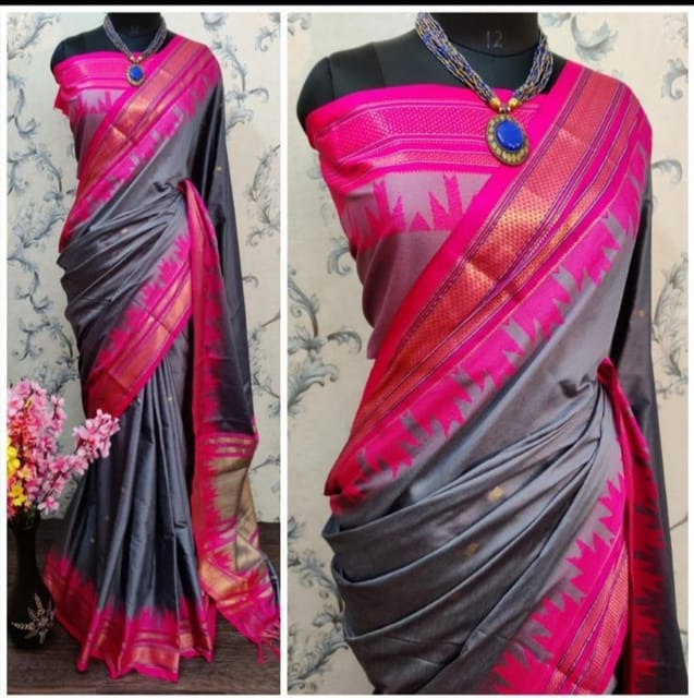 Cotton Silk Saree with Temple Border - Grey with Rani Pink