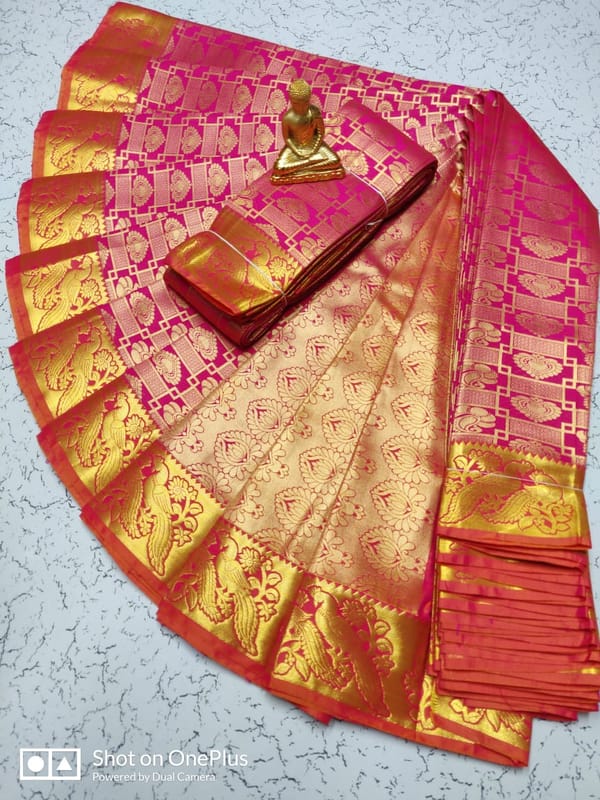Rani Pink Traditional Kanchipuram Saree with Heavy Zari Work and Golden Aanchal