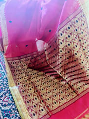 Fine Linen Muslin Majenta Saree with Zari Border and beautiful Zari Woven Aanchal