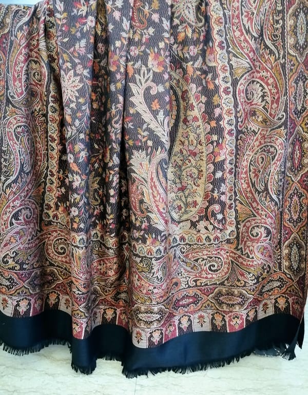 Pure Wool Jamewar Black Shawl with Beautiful Paisley work with Multi-colour threads