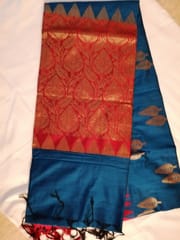 Beautiful Royal Blue Bangalore Silk Gadwal Saree with contrast Red Aanchal, heavy antique Zari Work