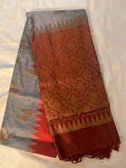Beautiful Steel Grey Bangalore Silk Gadwal Saree with Contrast Red Aanchal, Heavy antique Zari work