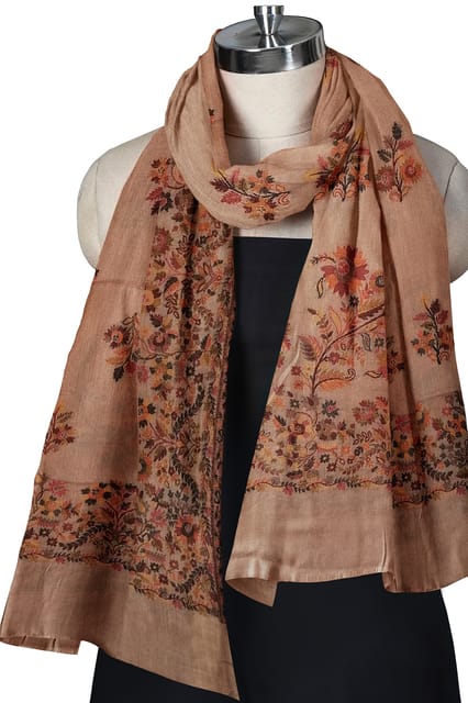 Pure Pashmina Fine  Wool Kani Stole in Fawn colour with Multi-colour embroidery