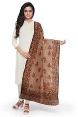 Pure Pashmina Fine  Wool Kani Stole in Fawn colour with Multi-colour embroidery