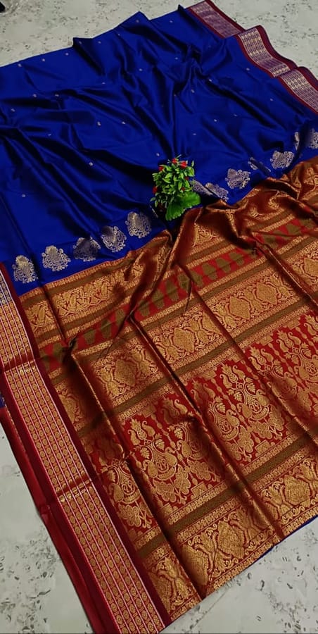 Bomkai Silk Saree in Dark Blue with Red aanchal