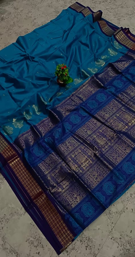 Bomkai Silk Saree in Firoza Blue with Royal blue Aanchal