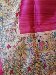 Bhagalpuri Pure Tussar Fuscia Silk Saree with Beautiful Handblock Madhubani Print