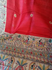 Bhagalpuri Pure Tussar In Tomato Red with Beautiful Handblock Madhubani Print