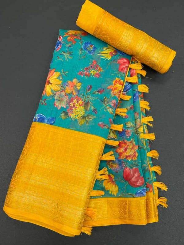 Pure Soft Linen Saree in Teal and Canary Yellow with Beautiful Floral Print and 9 inches Jacquard Border
