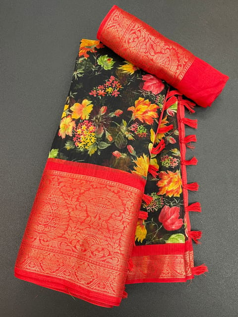 Pure Soft Linen Saree in Black and Tomato Red with 9 inches Jacquard Border