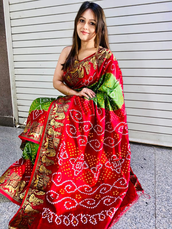 Block Print Bandhini Soft Silk Saree In LIme Green and Tomato Red