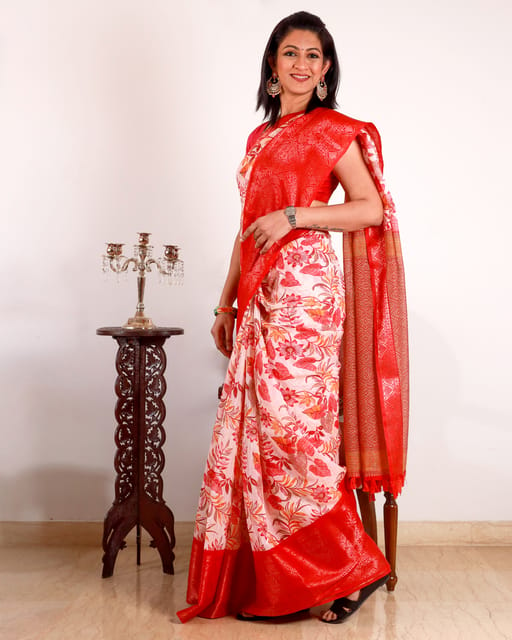 Pure Soft Linen Saree with  Beautiful Floral Print and 9 inches Jacquard Border - Red