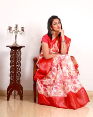 Pure Soft Linen Saree with  Beautiful Floral Print and 9 inches Jacquard Border - Red