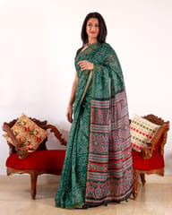 Pure cotton Forest Green Saree with Bandhini Print and Ajrakh Print Aanchal