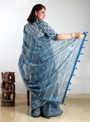 Pure Cotton Very Light Weight Ajrakh Print Saree in Powder Blue
