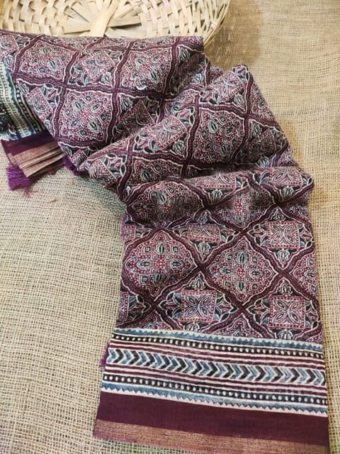 Pure Cotton Very Light Weight Ajrakh Print saree in Salmon Pink and Blue