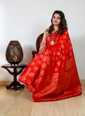 Pure Banarsi Dupion Silk Saree in Red Colour with Traditional Zari Butis and Heavy Aanchal