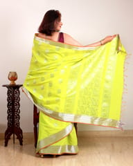 Fluorescent Lime Green Pure South Cotton Saree with Silver Zari work