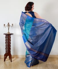 Deccan Tissue Organza Saree in Firoza and Ink Blue Stripes with Beautiful Heavy Zari Woven Border and Aanchal