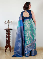 Deccan Tissue Organza Saree in Firoza and Ink Blue Stripes with Beautiful Heavy Zari Woven Border and Aanchal