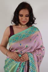 Deccan Summer Silk Saree in Light Lilac with All Over Zari work and contrast Light Blue Border
