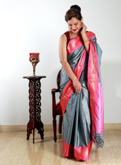 Deccan Cotton Silk Saree in Steel Grey with Contrast Fluorescent Pink Border and Aanchal