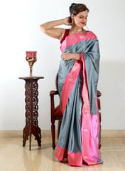 Deccan Cotton Silk Saree in Steel Grey with Contrast Fluorescent Pink Border and Aanchal