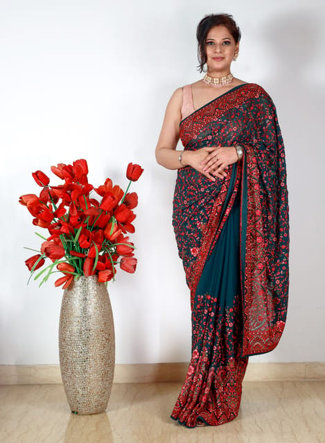 Pure Georgette Saree in Forest Green with all over Beautiful Kashmiri Hand Embroidery and Swarovski work