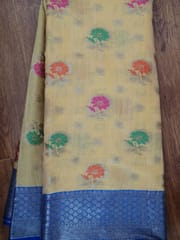 Banarsi Cotton Silk  Saree with Meenakari work in Lemon Yellow and Contrast Ink blue Border & Aanchal