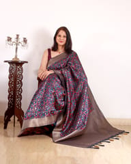 Kashmiri Jamawar Silk Saree in Prussian Blue with All Over Jaal Embroidery with Resham and Zari
