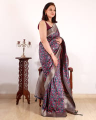 Kashmiri Jamawar Silk Saree in Prussian Blue with All Over Jaal Embroidery with Resham and Zari