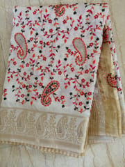 Off white Tussar Silk Saree with Beautiful Kashmiri Embroidery and Swarovski Work