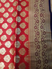 Banarsi Pure Katan Silk Saree in Red with Heavy Zari Work & with Contrast Navy Blue Aanchal and Mauve Border