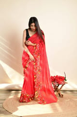 Beautiful Georgette Saree in Tomato Red with all over Sequence work and Cutwork Embroidery at the border.